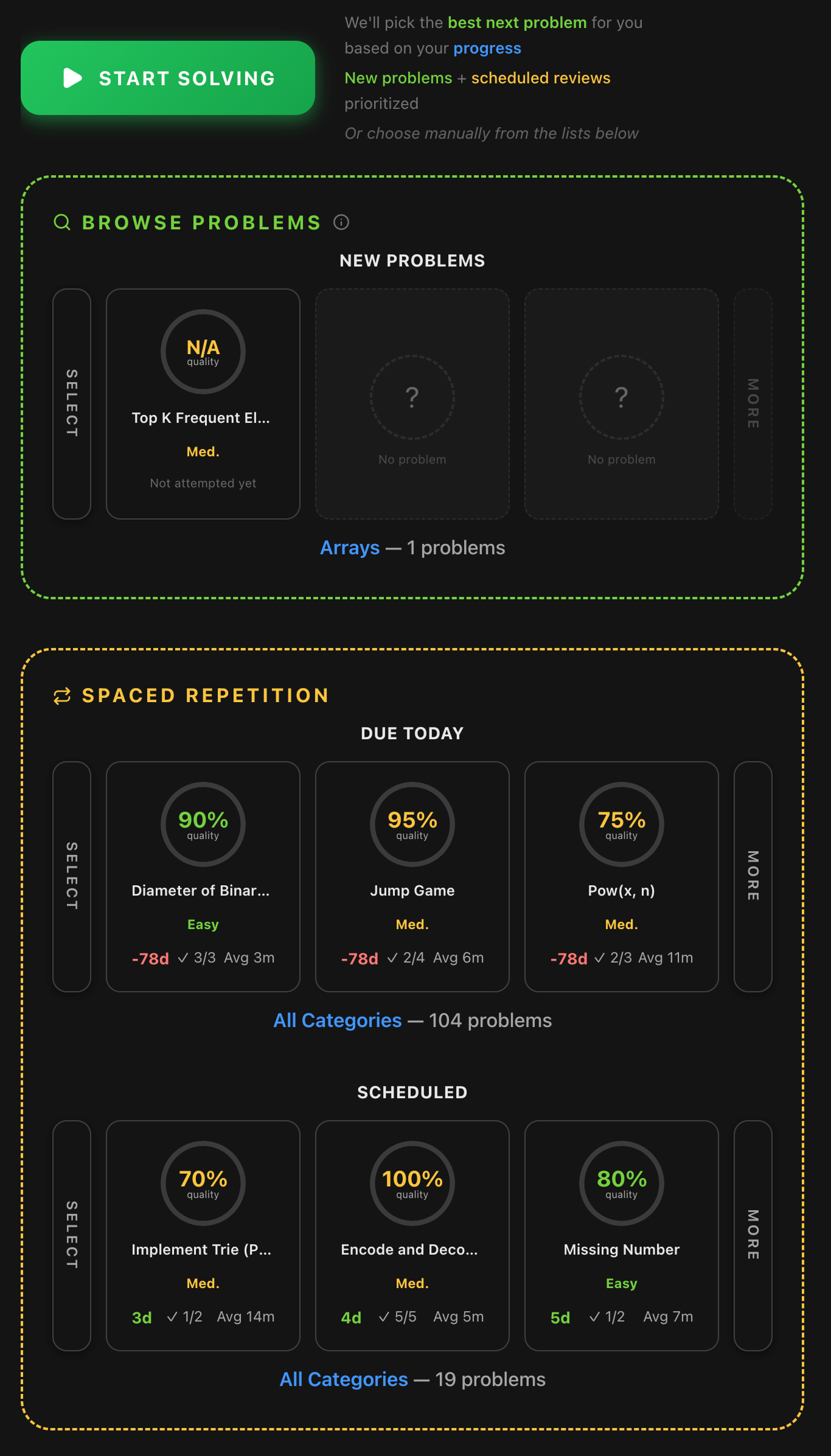 HashTry home page — Start Solving, Browse Problems, Due Today and Scheduled queues